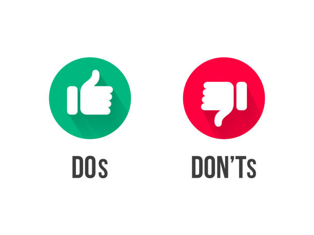 Dos and Donts thumb up and down vector icons. Vector red and green circle symbols for Yes and No and Bad vs Good signs Dos and Donts thumb up and down vector icons. Vector red and green circle symbols for Yes and No and Bad vs Good signs Dont stock illustrations