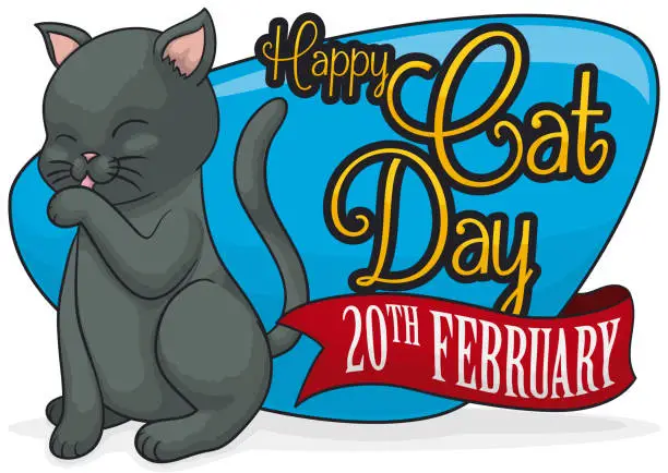 Vector illustration of Cute Cat Licking its Paw and Primping for Cat Day