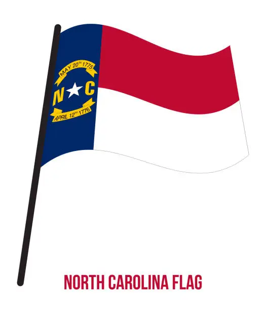 Vector illustration of North Carolina (U.S. State) Flag Waving Vector Illustration on White Background. Flag of the United States of America.