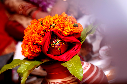 Hindu ritual wedding kalash on traditional wedding ceremony.