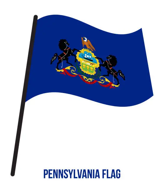 Vector illustration of Pennsylvania (U.S. State) Flag Waving Vector Illustration on White Background. Flag of the United States of America.
