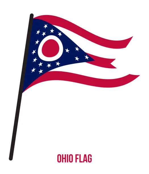 Vector illustration of Ohio (U.S. State) Flag Waving Vector Illustration on White Background. Flag of the United States of America.