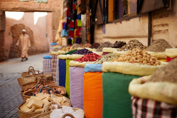 Spicy Marrakech Spice vendor in the streets of Marrakech. souk stock pictures, royalty-free photos & images