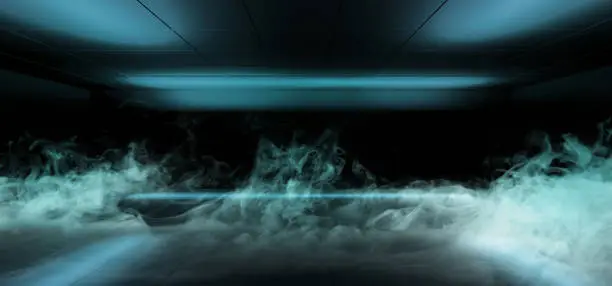Smoke Fog Neon Glowing Cyber Blue Sci Fi Modern Futuristic Minimalistic Dark Black Room With Reflections On The Walls Empty Space 3D Rendering Illustration
