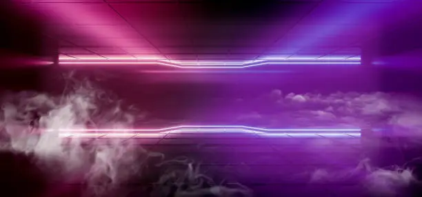 Smoke Fog Neon Glowing Cyber Purple Pink Blue Sci Fi Modern Futuristic Minimalistic Dark Black Room With Reflections On The Walls Empty Space 3D Rendering  Illustration