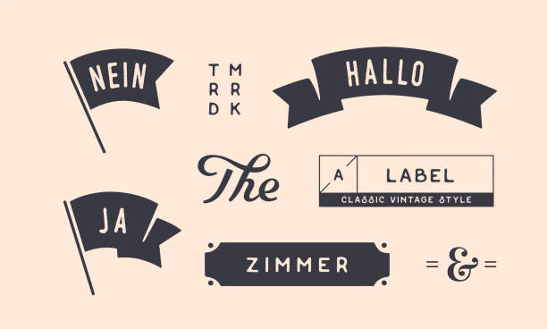 Set of vintage graphic. Design elements, linear drawing, vintage hipster style. Flag, ribbon, banner, border. Text in German Ja, Nein, Hallo and Zimmer - Yes, No, Hello and Room. Vector Illustration