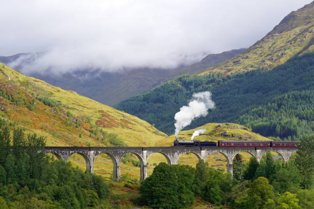 Glenfinnan Viaduct and The Jacobite Steam Train Glenfinnan Viaduct, The Jacobite steam train, Hogwarts Express, Scotitsh Highlands lochaber stock pictures, royalty-free photos & images