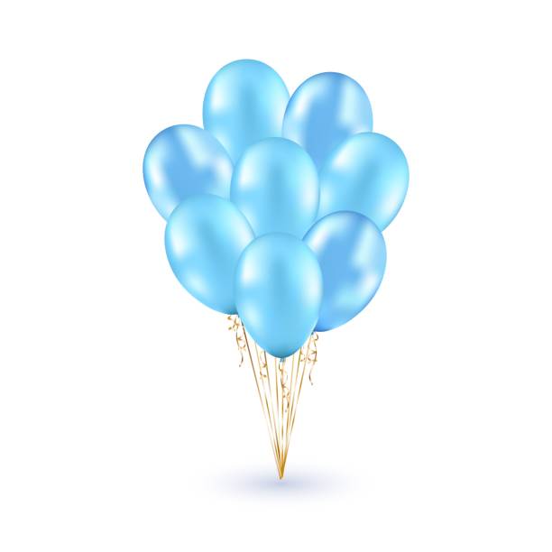 набор реалистичных глянцевых синих шариков изолирован в воздухе на белом фоне. вектор для поздравительных открыток, мальчиков, дизайн меро - birthday balloon bouquet clip art stock illustrations