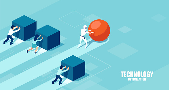 Vector of a robot pushing a sphere leading the race against a group of slower businesspeople pushing boxes. Technology optimization in business concept