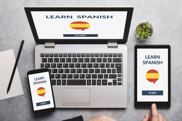 istock Learn Spanish concept on laptop, tablet and smartphone screen 1130523104