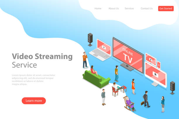 Isometric flat vector landing page template of smart TV, home entertainment. Isometric flat vector landing page template of smart TV, home entertainment, movie online, streaming. television industry illustrations stock illustrations
