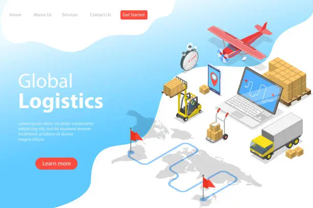 Vector illustration of Flat isometric vector landing page template of global logistics.
