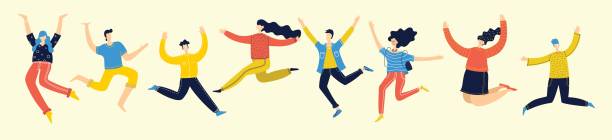 Jumping people Concept of group of young people jumping on light background. Stylish modern vector illustration with happy male and female teenagers enjoying the life life stile stock illustrations