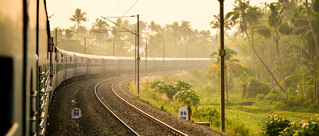View of a train turning at a Curve, early in the morning