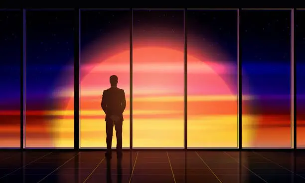 Vector illustration of Businessman standing by the window looking out. Man looks into beautiful space with Sun outside the window. Concept of space exploration, business, innovation. Vector illustration