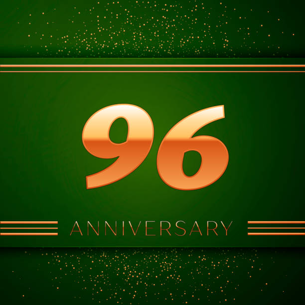 istock Realistic Ninety six 96 Years Anniversary Celebration Logotype. Golden numbers and golden confetti on green background. Colorful Vector template elements for your birthday party 1130530136