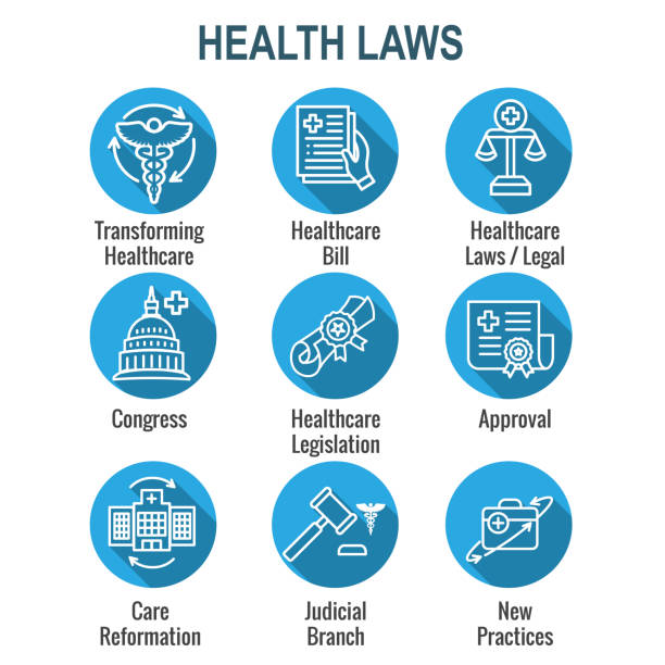 ilustrações de stock, clip art, desenhos animados e ícones de health laws and legal icon set depicting various aspects of the legal system - lawsuit