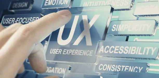 Woman pushing a glass button for testing UX parameters. User experience concept
