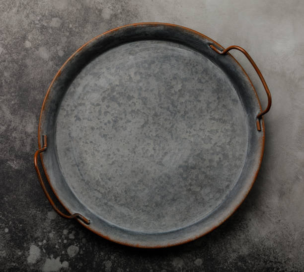 istock Vintage metal tray on concrete background surface copy space for design 1130531504