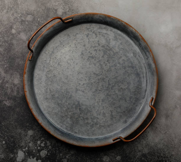 istock Vintage metal tray on concrete background surface copy space for design 1130531518