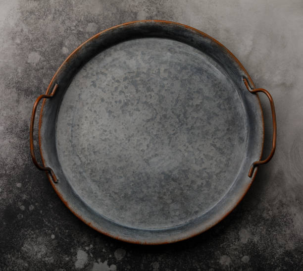istock Vintage metal tray on concrete background surface copy space for design 1130531573
