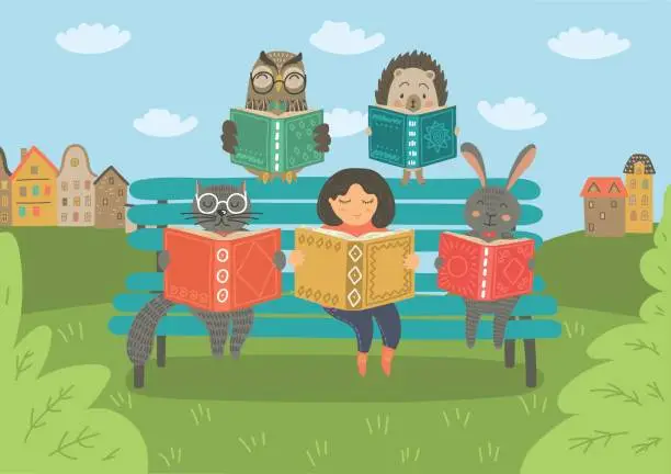 Vector illustration of Girl with animals reading book on the bench