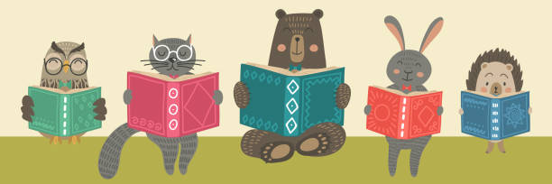 귀여운 동물 책을 읽고 - 이야기하기 일러스트 stock illustrations