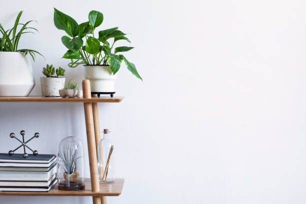 istock Scandinavian room interior with mock up poster frame on the brown bamboo shelf with beautiful plants in hipster and design pots, books and accessories. White walls. Modern and floral concept. 1130534385