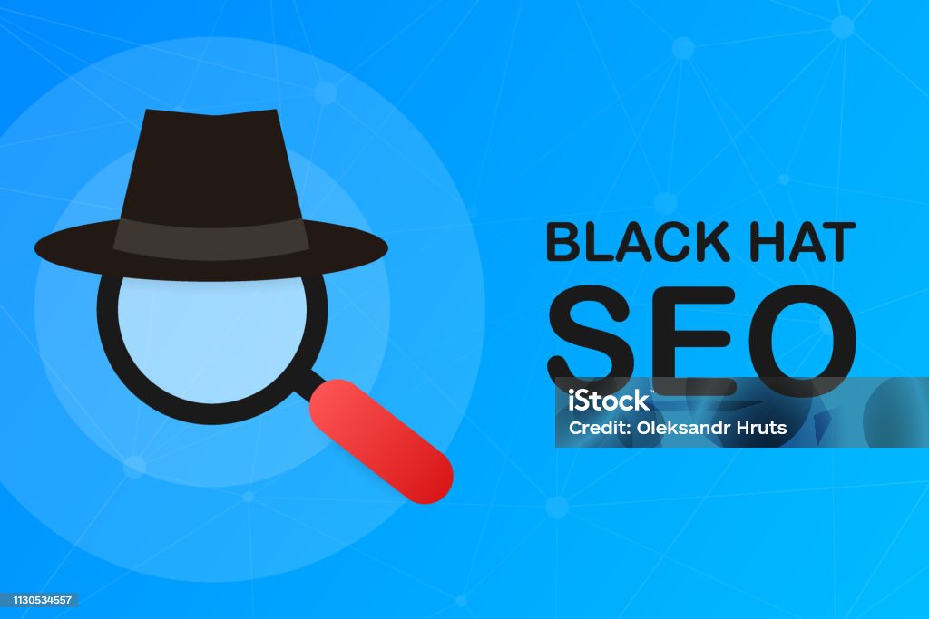 黒い帽子 seo のバナーです。拡大鏡、およびその他の検索エンジン最適化ツールと戦術。ベクトルの図。 - 帽子のロイヤリティフリーベクトルアート