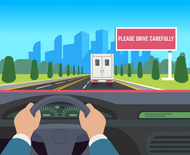 Vector illustration of Hands driving car. Auto inside dashboard driver speed road overtaking street traffic travel billboard flat illustration
