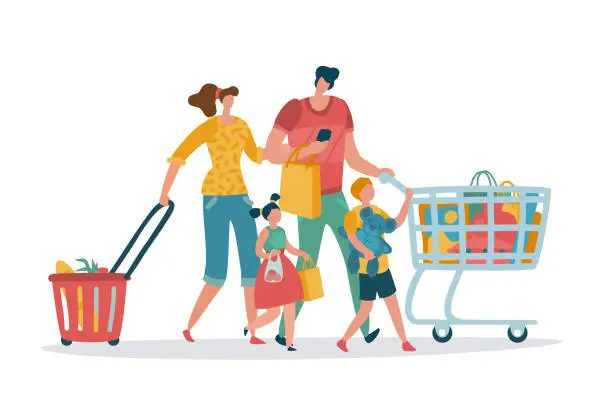 Vector illustration of Shopping family. Mom dad kids shop basket cart consume retail purchase store grocery mall supermarket cartoon shoppers