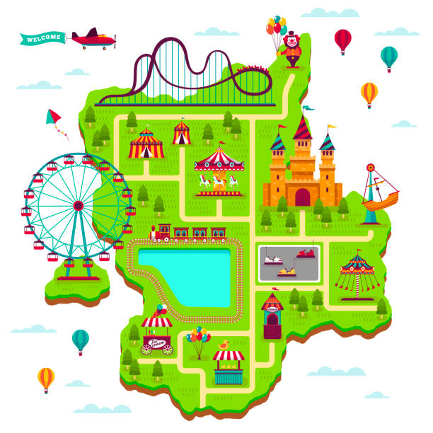 Amusement park map. Scheme elements attractions festival amuse funfair leisure family fairground kid games cartoon map Amusement park map. Scheme elements attractions festival amuse funfair leisure family fairground kid games cartoon vector park map amuse stock illustrations