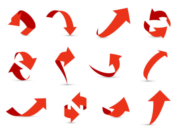 빨간색 화살표 3 차원 세트입니다. 금융 화살표 성장 다음 인터페이스 방향 커서 벡터 컬렉션 아래를 다른 정보 경로 거절 - moving up arrow sign interface icons three dimensional shape stock illustrations