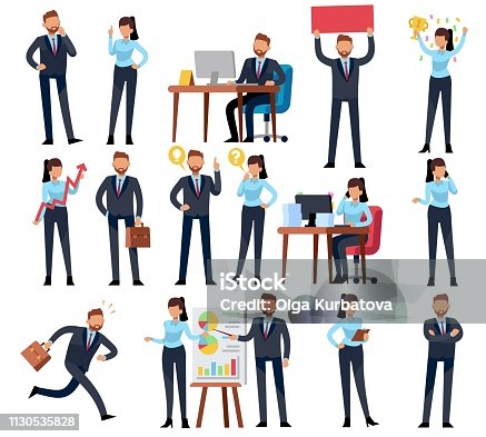 istock Cartoon business persons. Businessman professional woman in different office work situations. Vector characters set 1130535828