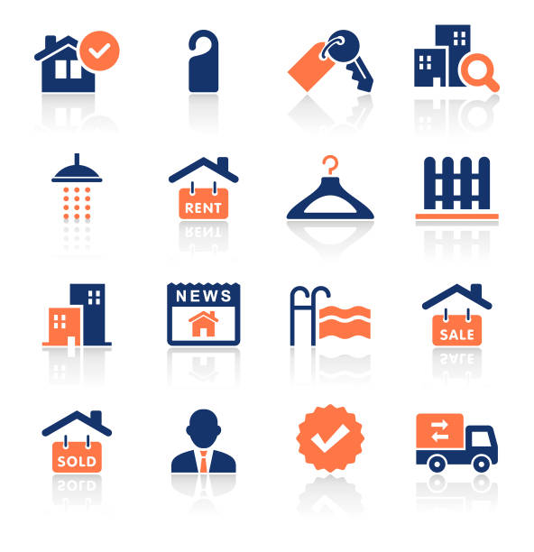 ilustrações de stock, clip art, desenhos animados e ícones de real estate two color icons set - key real estate key ring house key