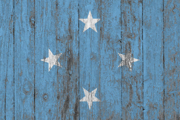Flag of Micronesia painted on worn out wooden texture background.