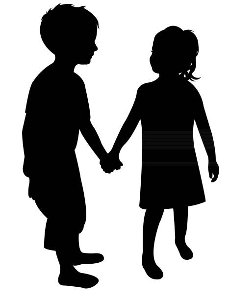 Kids hand in hand, silhouette vector Kids hand in hand, silhouette vector kids holding hands stock illustrations