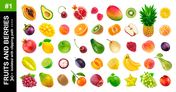 Tropical fruits. Collection of different exotic fruits and berries isolated on white background, pineapple, orange, apple, grape, avocado, mango, pear