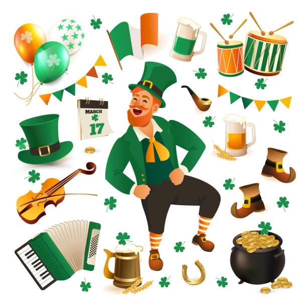 Set of illustrations for celebrating St. Patrick's Day. Leprechaun, hat, pot of gold, clover and flag. vector art illustration