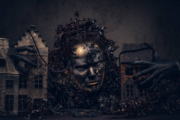 istock Make-up and horror concept. Abandoned city, absorbed by decompos 1130545434