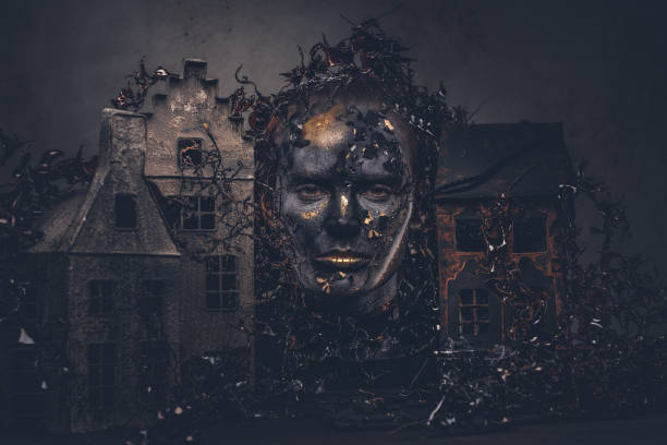 istock Make-up and horror concept. Abandoned city, absorbed by decompos 1130546187
