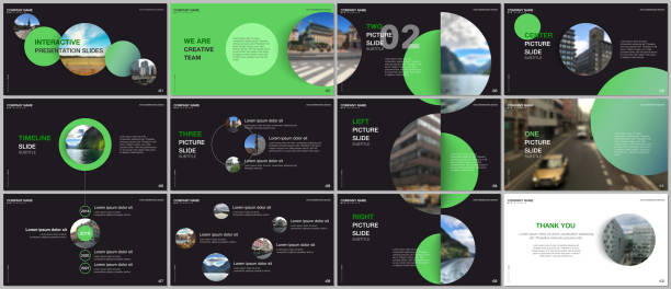 stockillustraties, clipart, cartoons en iconen met minimale presentaties ontwerpsjablonen, portefeuille vector met groene kleurrijke cirkel elementen op zwarte achtergrond. multifunctionele sjabloon voor presentatie dia, flyer, folder, brochure cover, verslag. - presentatie-toespraak