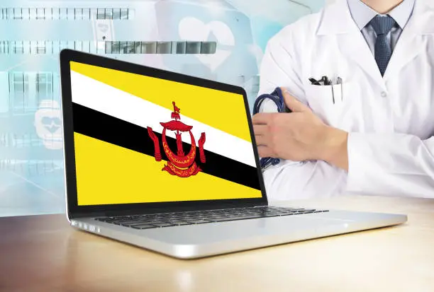 Photo of Brunei healthcare system in tech theme. Bruneian flag on computer screen. Doctor standing with stethoscope in hospital. Cryptocurrency and Blockchain concept.