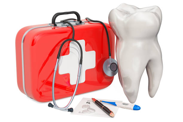 istock Dental first aid concept. Tooth with First Aid Kit, 3D rendering isolated on white background 1130549632