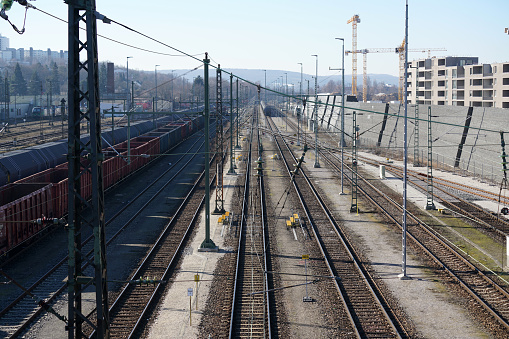 Railway and railroad tracks photographed from a bridge in Regensburg in good light