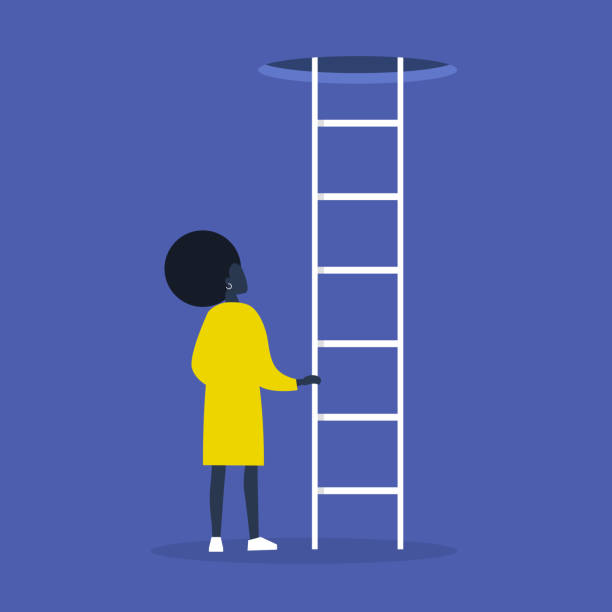 Young black female character holding a ladder. Going up. Successful career. Opportunities. Conceptual vector illustration, clip art Young black female character holding a ladder. Going up. Successful career. Opportunities. Conceptual vector illustration, clip art ceiling illustrations stock illustrations