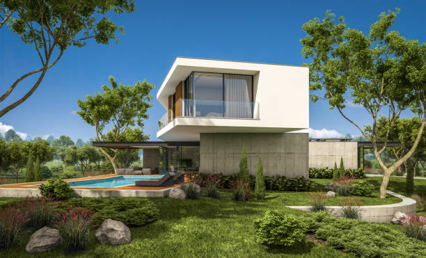 istock 3d rendering of modern house on the hill with pool 1130554304