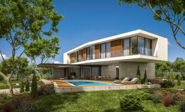 istock 3d rendering of modern house on the hill with pool 1130554306