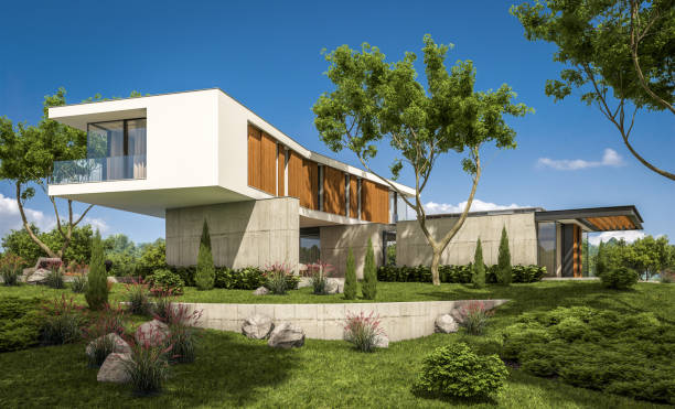 istock 3d rendering of modern house on the hill with pool 1130554363
