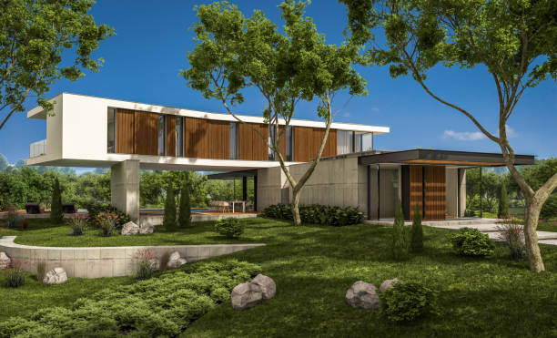 istock 3d rendering of modern house on the hill with pool 1130554364